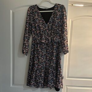 J. Crew Black Floral V-Neck Long Sleeve Dress
